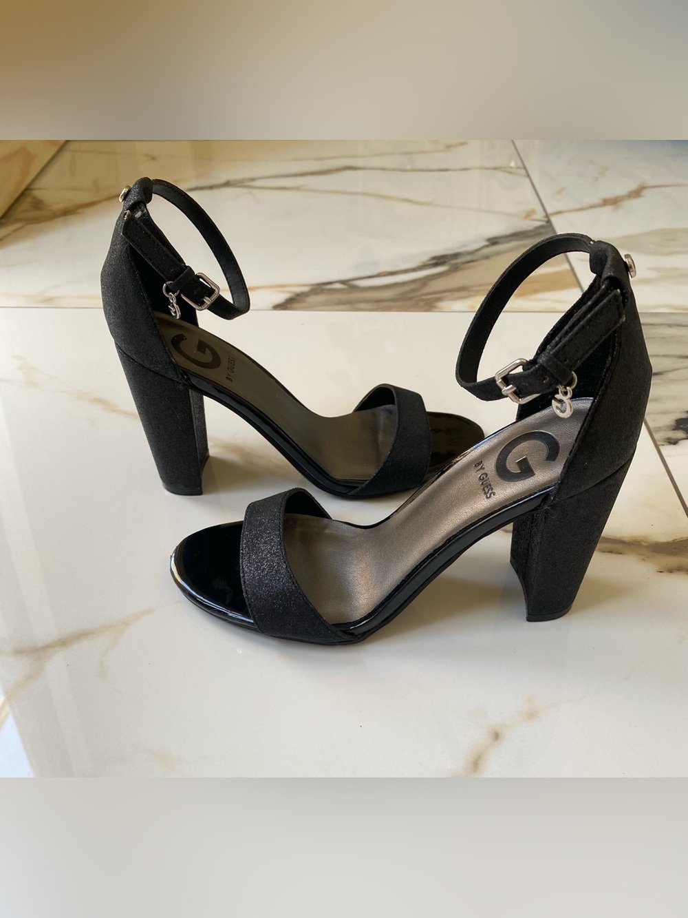 Guess Black Glitter Ankle-Strap Block Heel Sandals With Silver G Charm - Size 6M